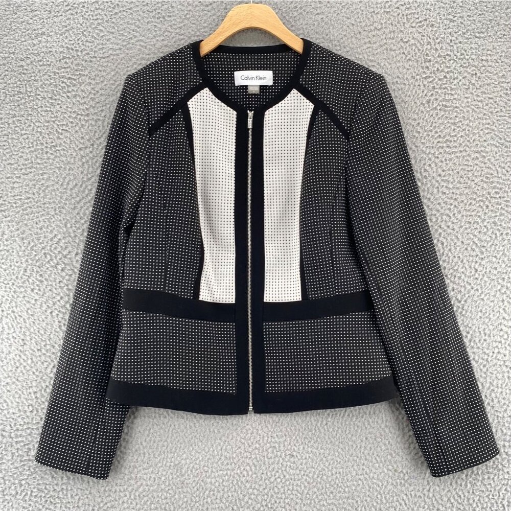 Calvin Klein Jacket Womens 10 Gray Dot Colorblock Stretch Full Zip Office Career